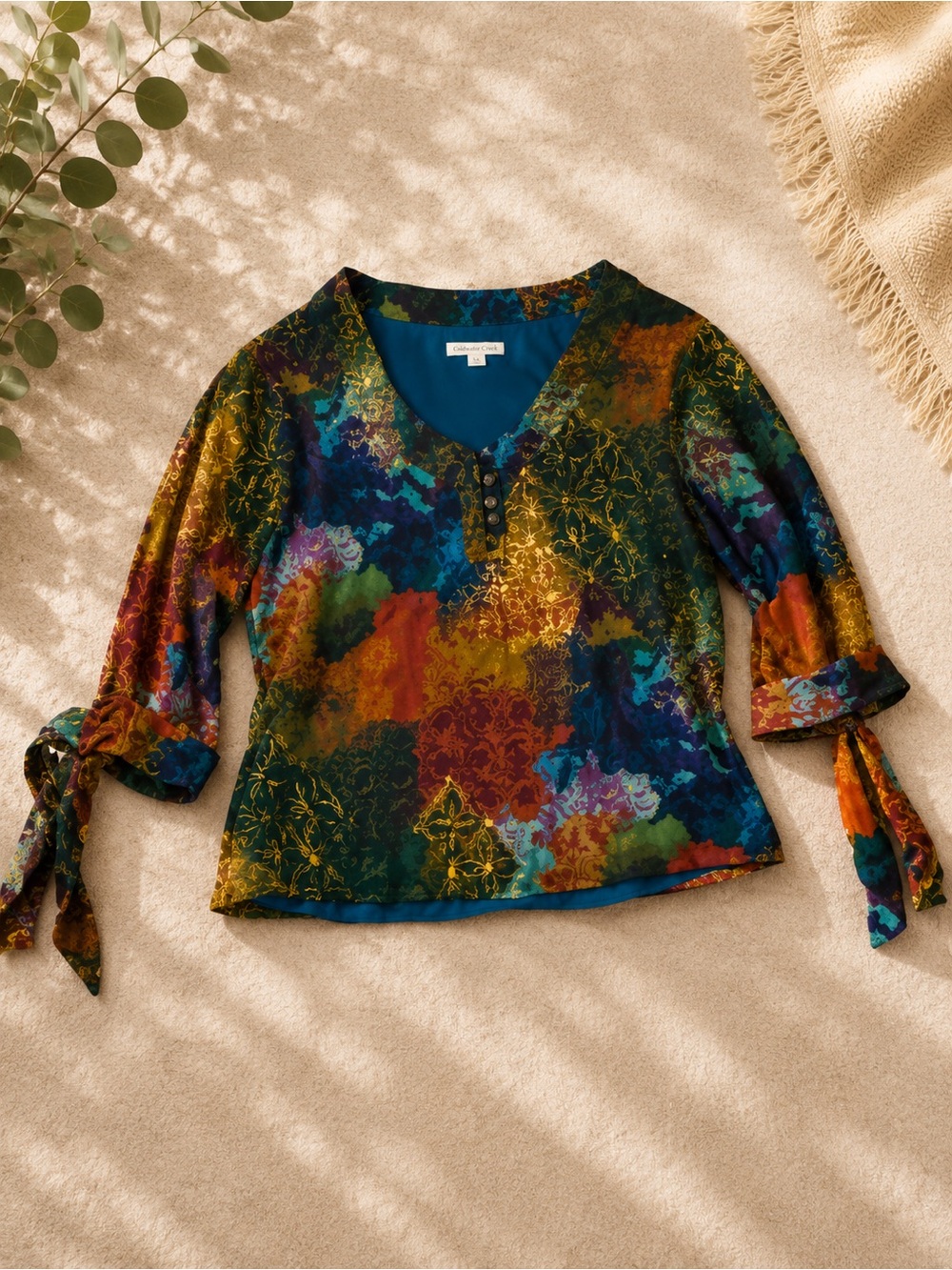 Coldwater Creek 1X Silk Blend Boho Blouse Multicolor Floral Tie Sleeve Top